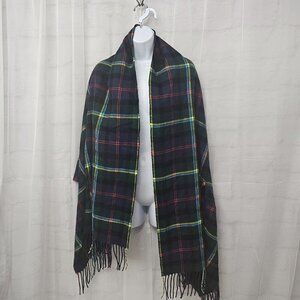 J. Crew Blue Green Plaid Shawl Scarf Fringe Wool OSFA